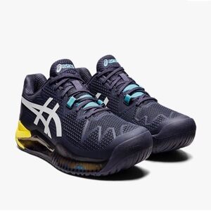 NWT ASICS GEL RESOLUTION 8 CLAY Men's Blue Athletic Shoes with Yellow Accents